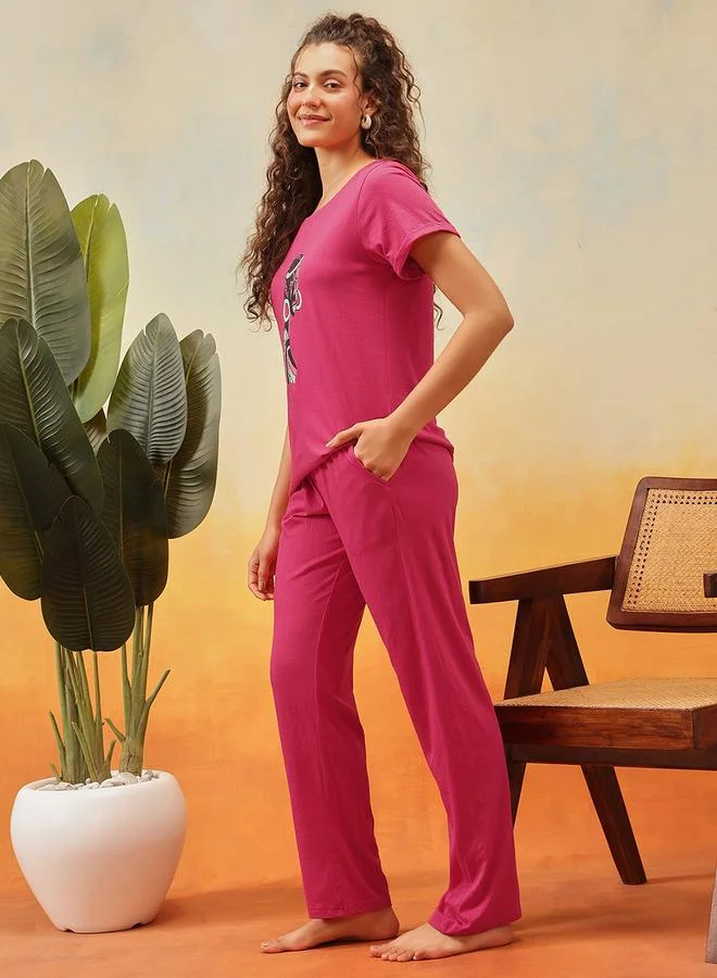 Clovia Cotton Graphic Print T-Shirt and Pyjama Set